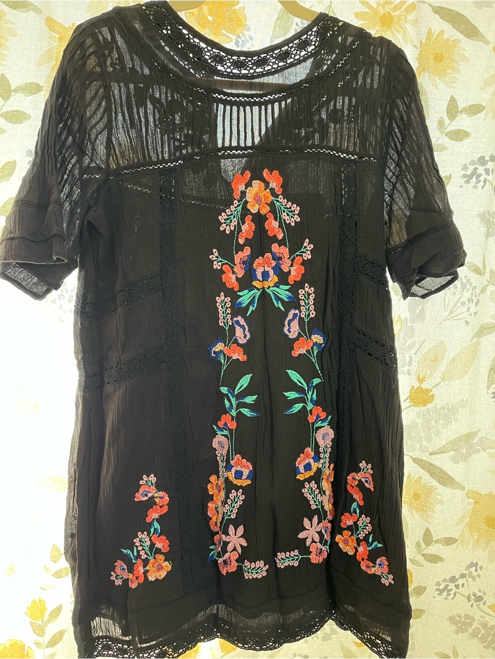 Free People Black Tunic with Multicolor Floral Embroidery